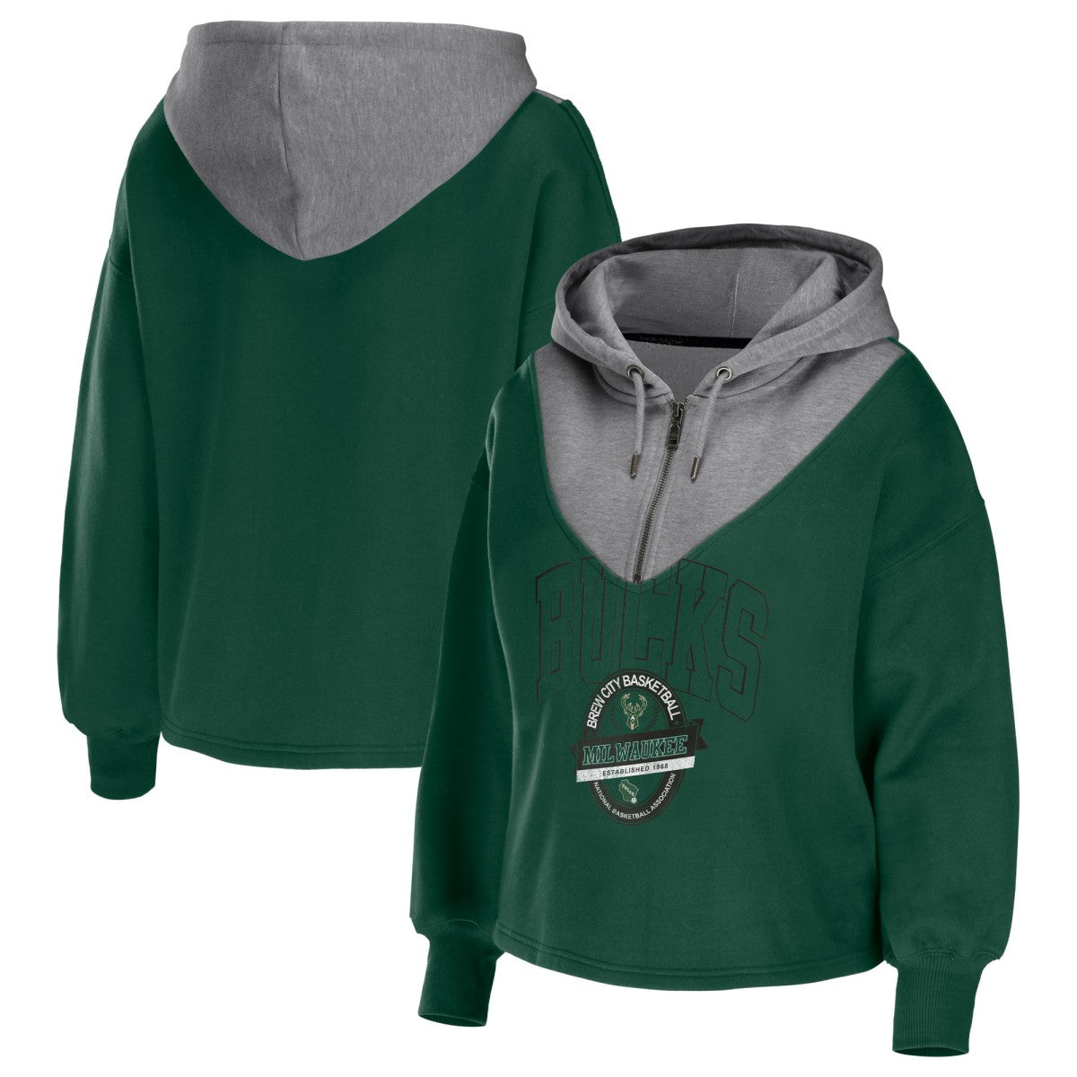 Milwaukee Bucks WEAR by Erin Andrews Women's Pieced Quarter-Zip Hoodie Jacket On Sale