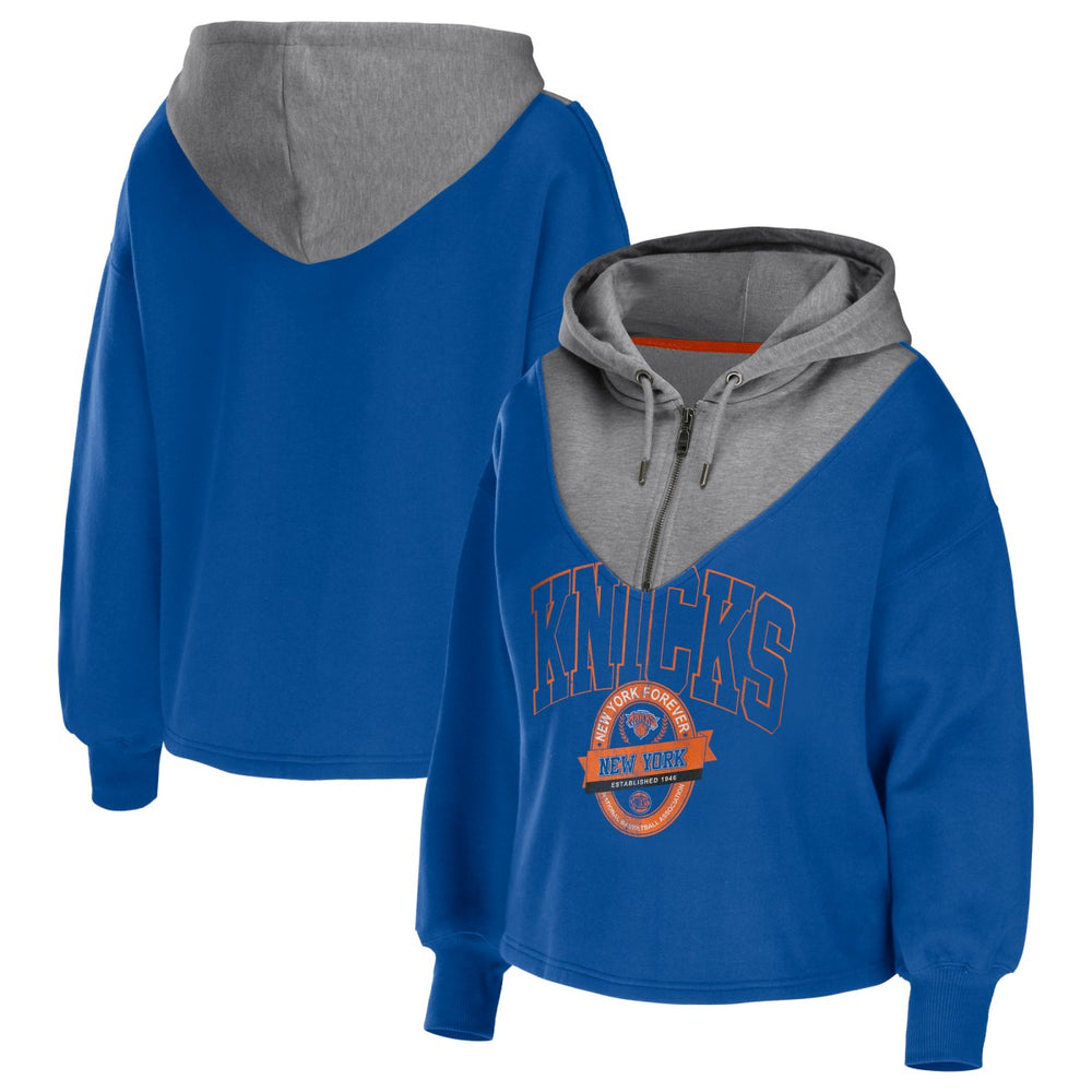 New York Knicks WEAR by Erin Andrews Women's Pieced Quarter-Zip Hoodie Jacket For Sale