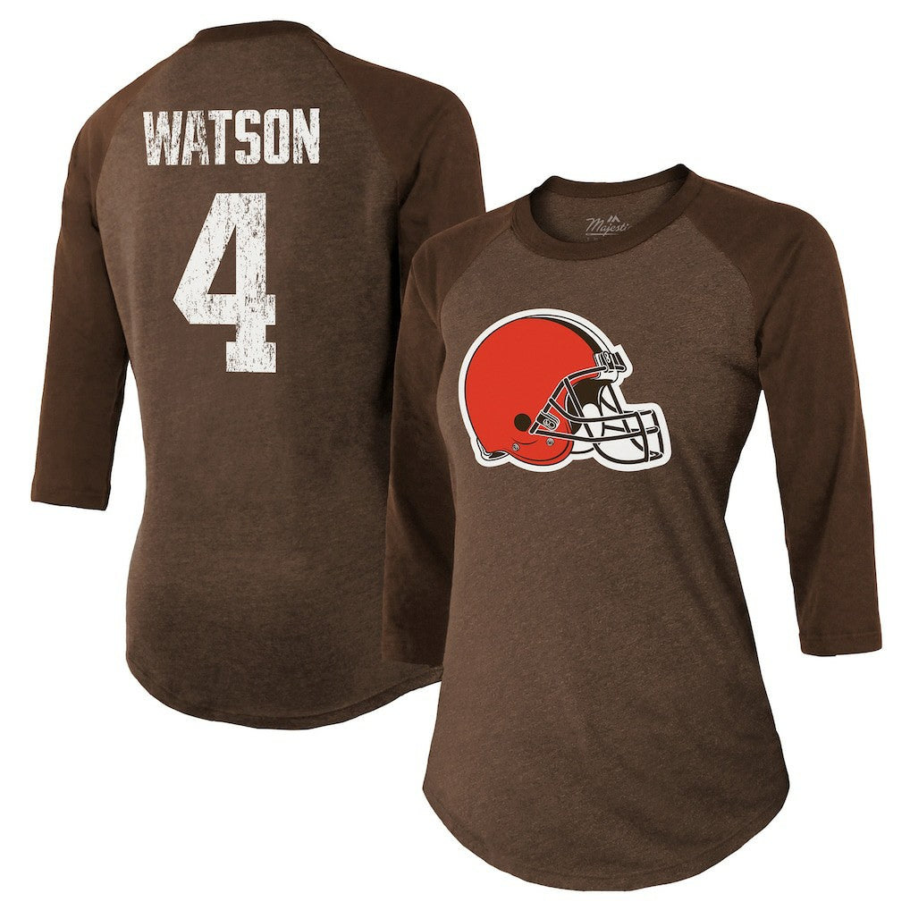 Cleveland Browns  Deshaun Watson  Majestic Threads Women's Name & Number Raglan 3/4 Sleeve T-Shirt