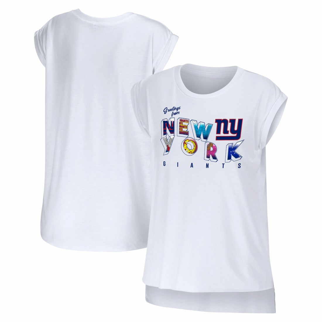 New York Giants  WEAR by Erin Andrews Women's Greetings From Muscle T-Shirt