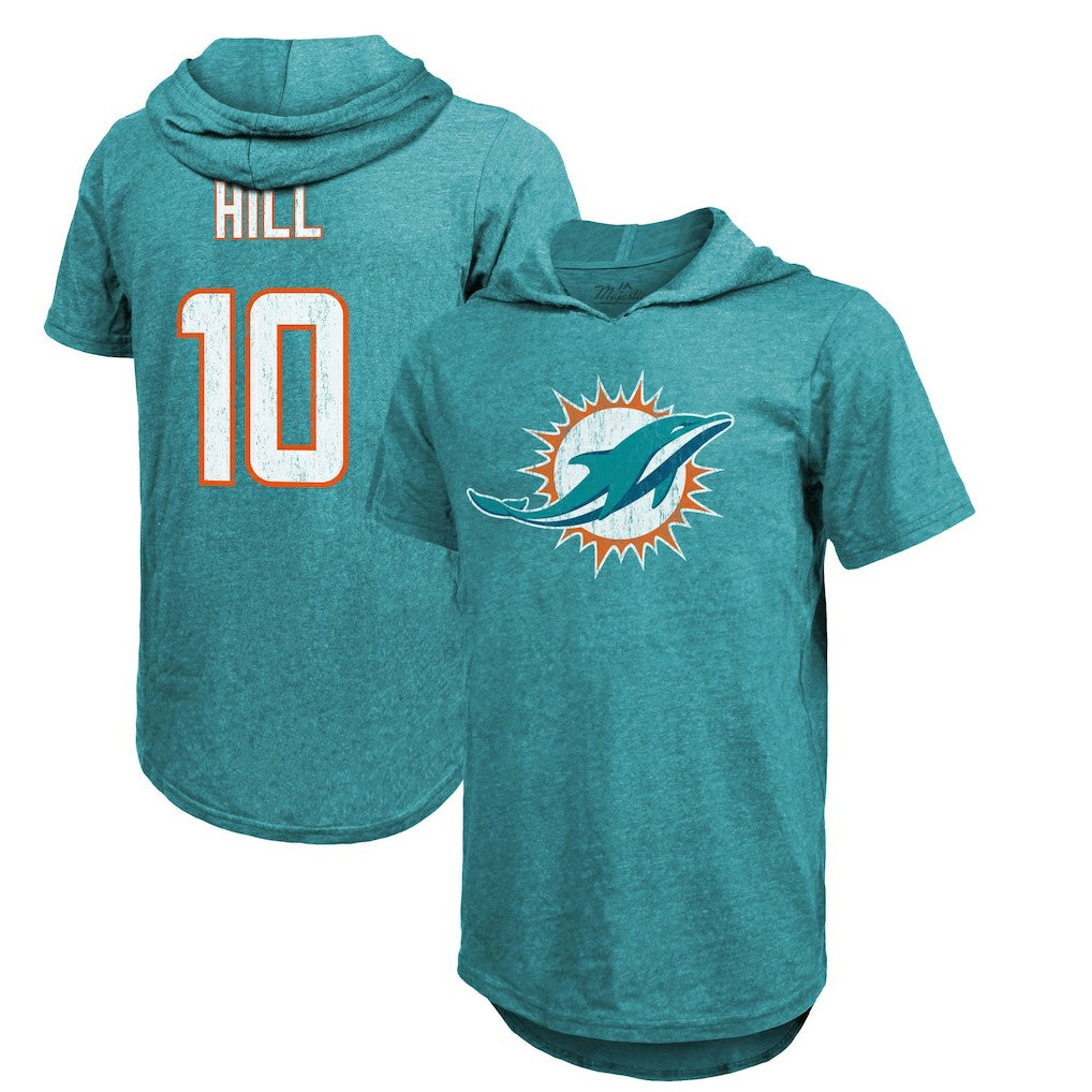 Miami Dolphins  Tyreek Hill  Majestic Threads Player Name & Number Short Sleeve Hoodie T-Shirt