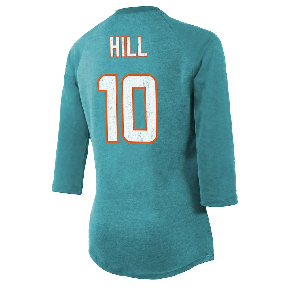 Miami Dolphins  Tyreek Hill  Majestic Threads Women's Name & Number Raglan 3/4 Sleeve T-Shirt