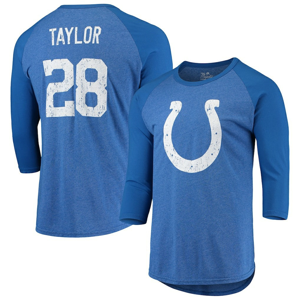 Indianapolis Colts  Jonathan Taylor  Majestic Threads Name & Number Team Colorway Tri-Blend 3/4 Raglan Sleeve Player T-Shirt