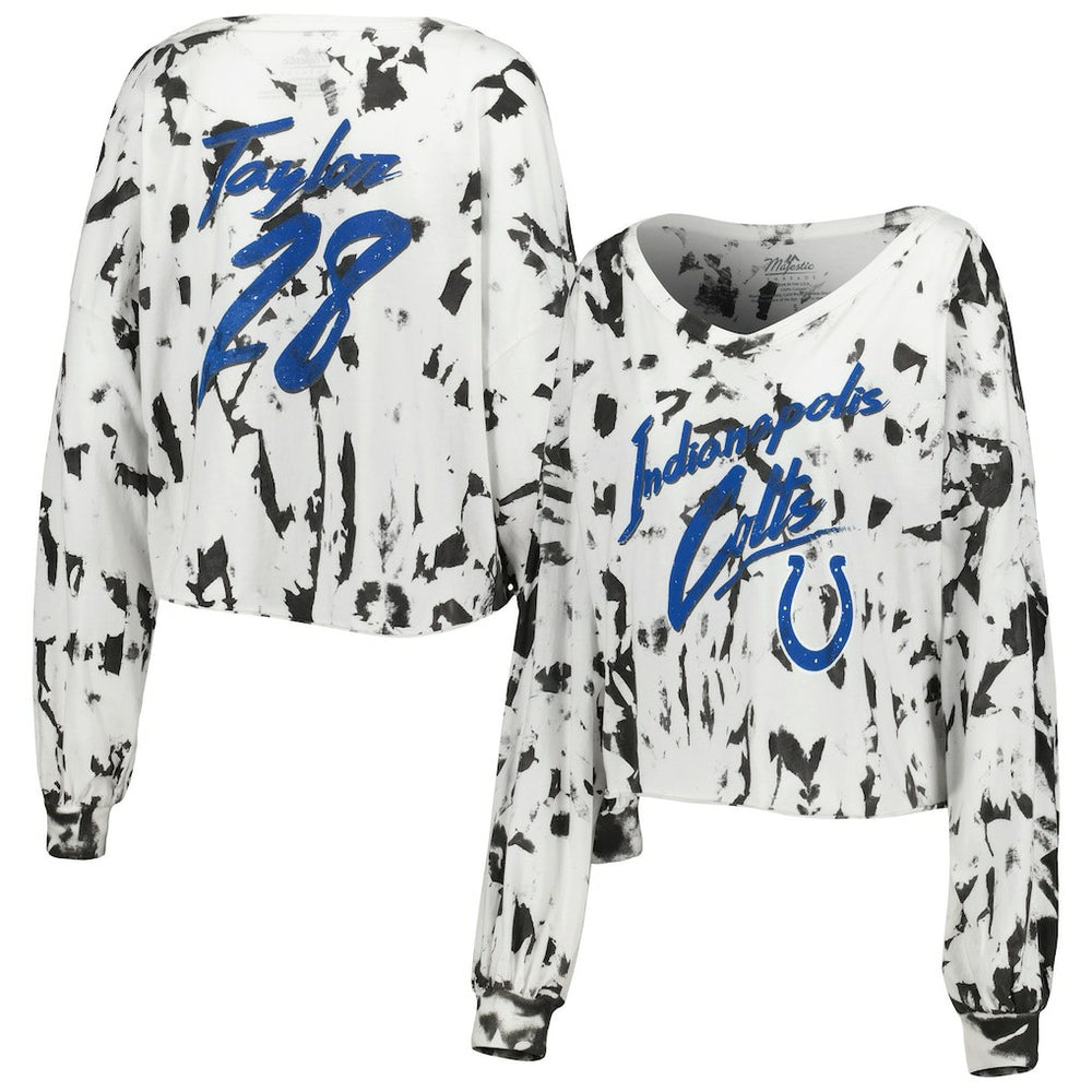 Indianapolis Colts  Jonathan Taylor  Majestic Threads Women's Off-Shoulder Tie-Dye Name & Number Cropped Long Sleeve V-Neck T-Shirt