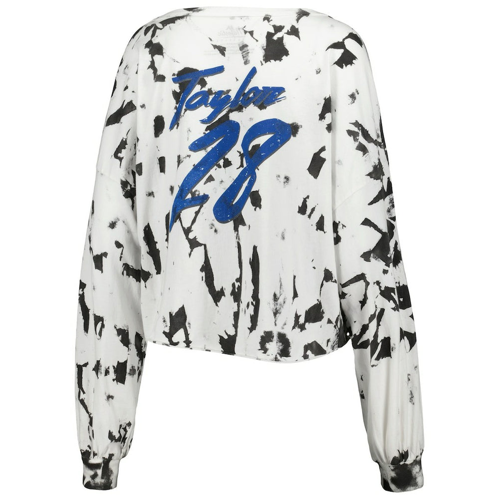 Indianapolis Colts  Jonathan Taylor  Majestic Threads Women's Off-Shoulder Tie-Dye Name & Number Cropped Long Sleeve V-Neck T-Shirt