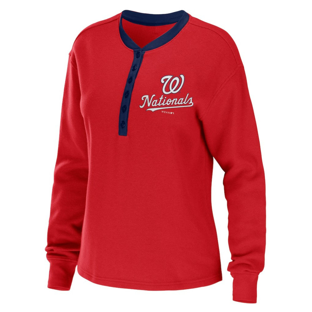 Washington Nationals WEAR by Erin Andrews Women's Waffle Henley Long Sleeve T-Shirt | MLB New