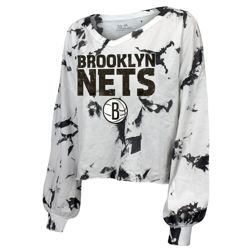 Brooklyn Nets Majestic Threads Women's Aquarius Tie-Dye Cropped V-Neck Long Sleeve T-Shirt Online