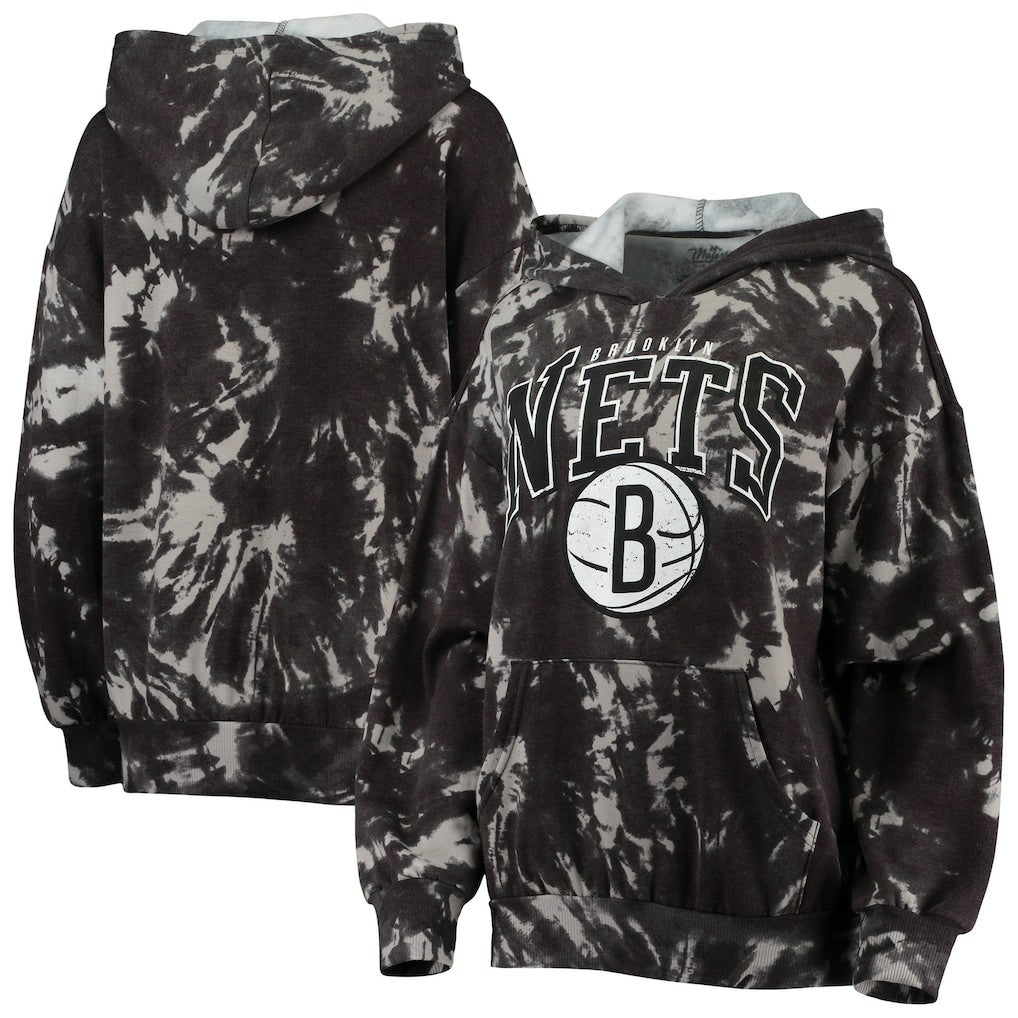 Brooklyn Nets Majestic Threads Women's Burble Tie-Dye Tri-Blend Pullover Hoodie On Sale