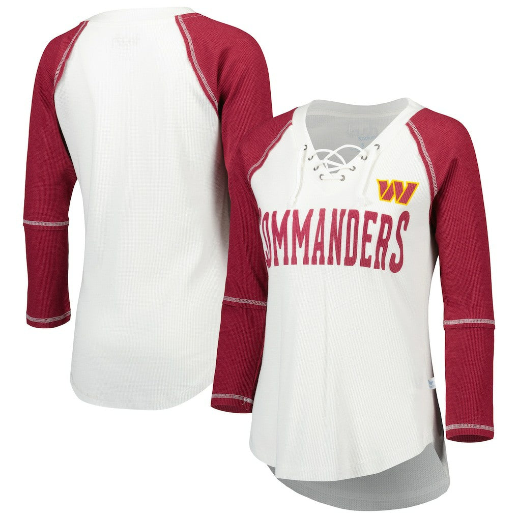 Washington Commanders  Touch Women's Rebel Raglan Tri-Blend 3/4-Sleeve Lace-Up V-Neck T-Shirt