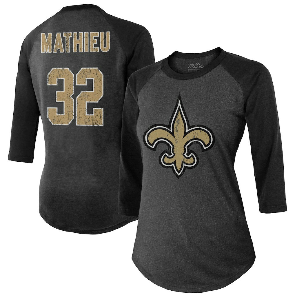 New Orleans Saints  Tyrann Mathieu  Majestic Threads Women's Name & Number Raglan 3/4 Sleeve T-Shirt
