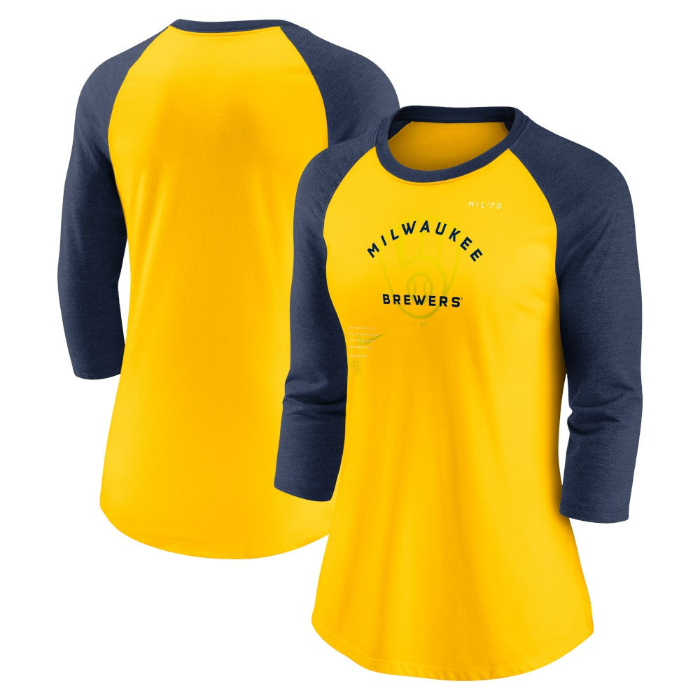 Milwaukee Brewers Nike Women's Next Up Tri-Blend Raglan 3/4-Sleeve T-Shirt | MLB Discount