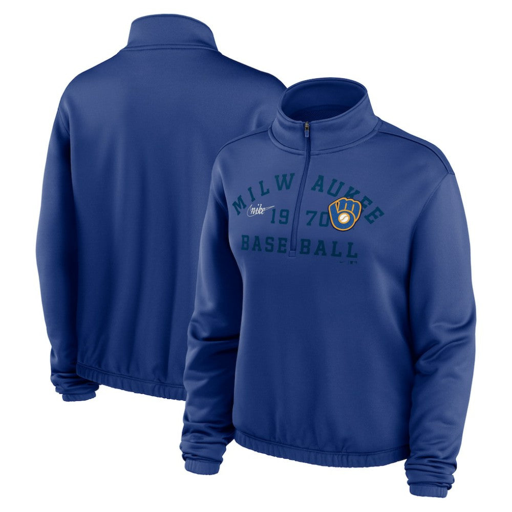 Milwaukee Brewers Nike Women's Rewind Splice Half-Zip Semi-Cropped Bubble Hem Sweatshirt | MLB Outlet