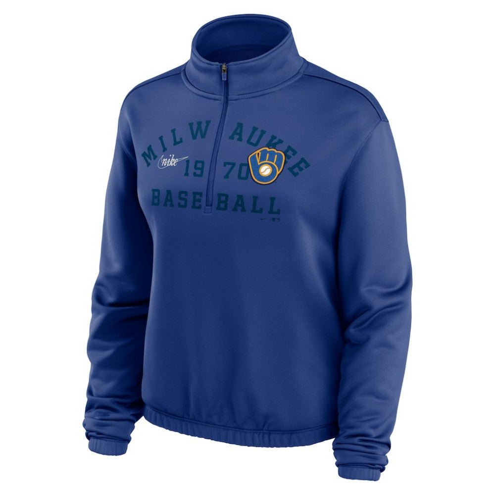 Milwaukee Brewers Nike Women's Rewind Splice Half-Zip Semi-Cropped Bubble Hem Sweatshirt | MLB Outlet