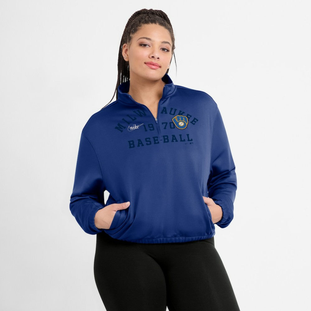 Milwaukee Brewers Nike Women's Rewind Splice Half-Zip Semi-Cropped Bubble Hem Sweatshirt | MLB Outlet