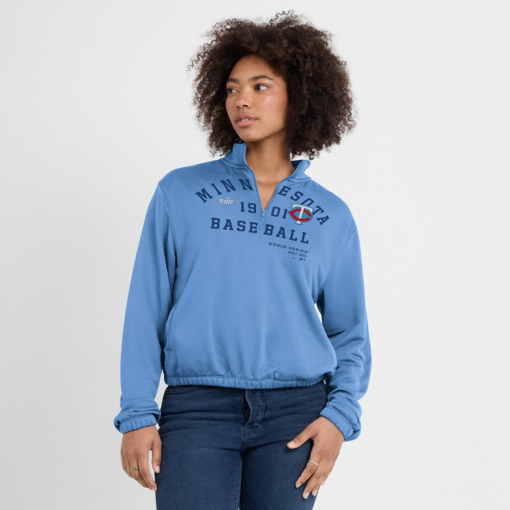 Minnesota Twins Nike Women's Rewind Splice Half-Zip Semi-Cropped Bubble Hem Sweatshirt | MLB Discount