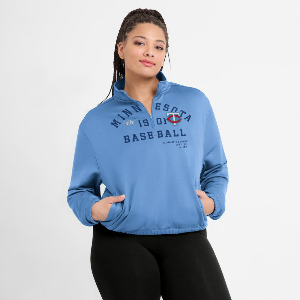 Minnesota Twins Nike Women's Rewind Splice Half-Zip Semi-Cropped Bubble Hem Sweatshirt | MLB Discount