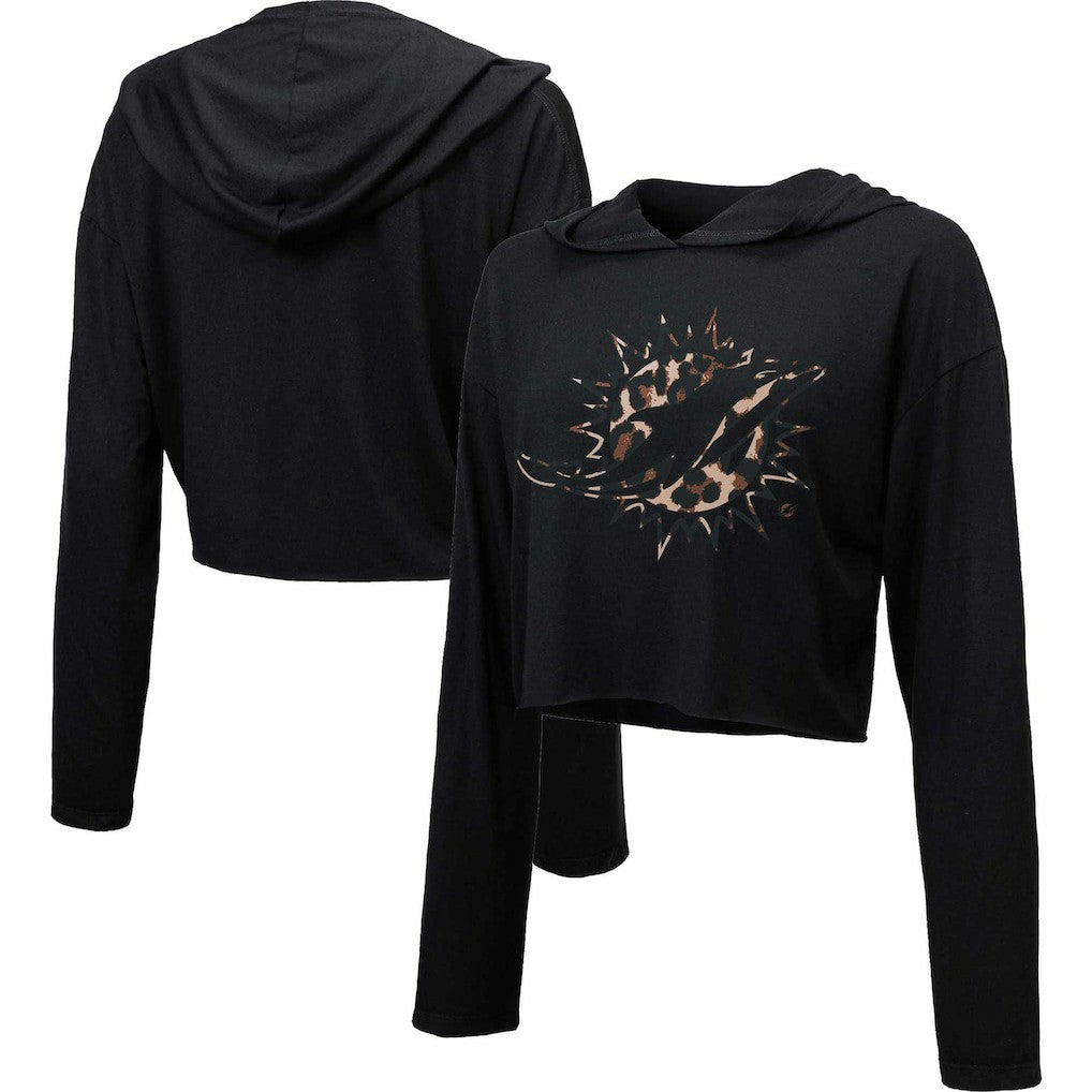Miami Dolphins  Majestic Threads Women's Leopard Cropped Pullover Hoodie