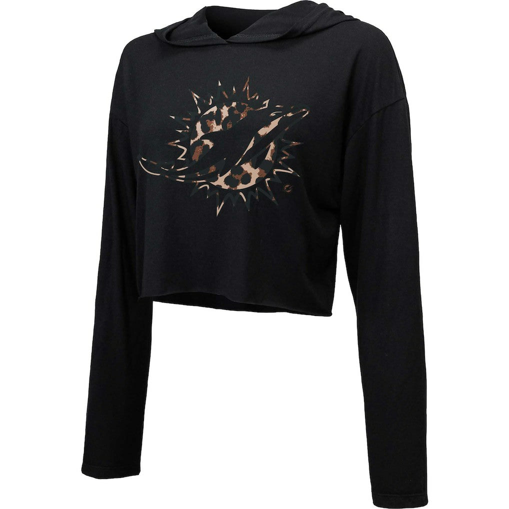 Miami Dolphins  Majestic Threads Women's Leopard Cropped Pullover Hoodie