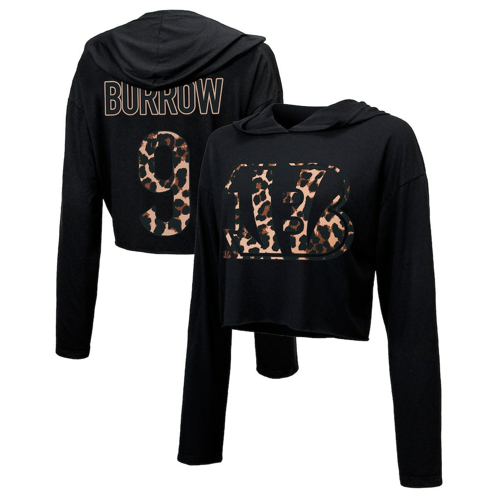 Cincinnati Bengals  Joe Burrow  Majestic Threads Women's Leopard Player Name & Number Long Sleeve Cropped Hoodie