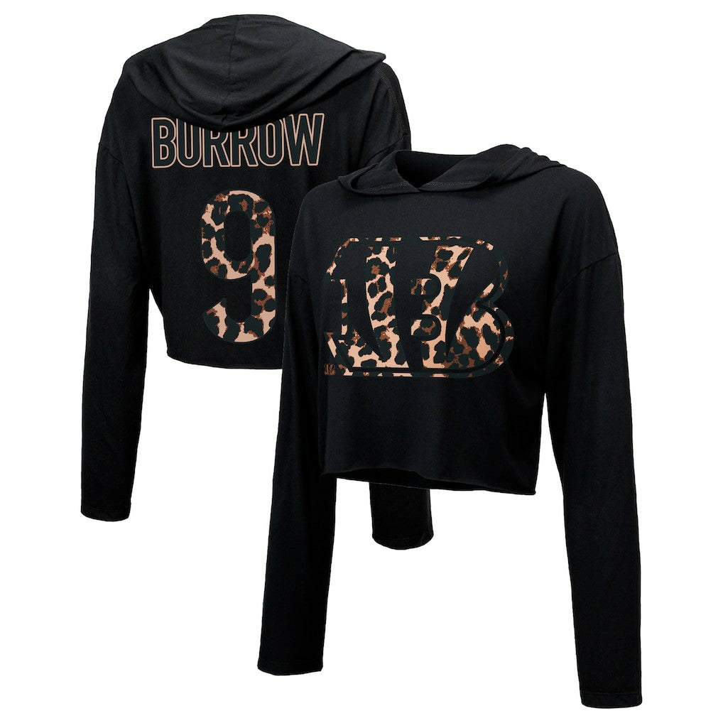 Cincinnati Bengals  Joe Burrow  Majestic Threads Women's Leopard Player Name & Number Long Sleeve Cropped Hoodie