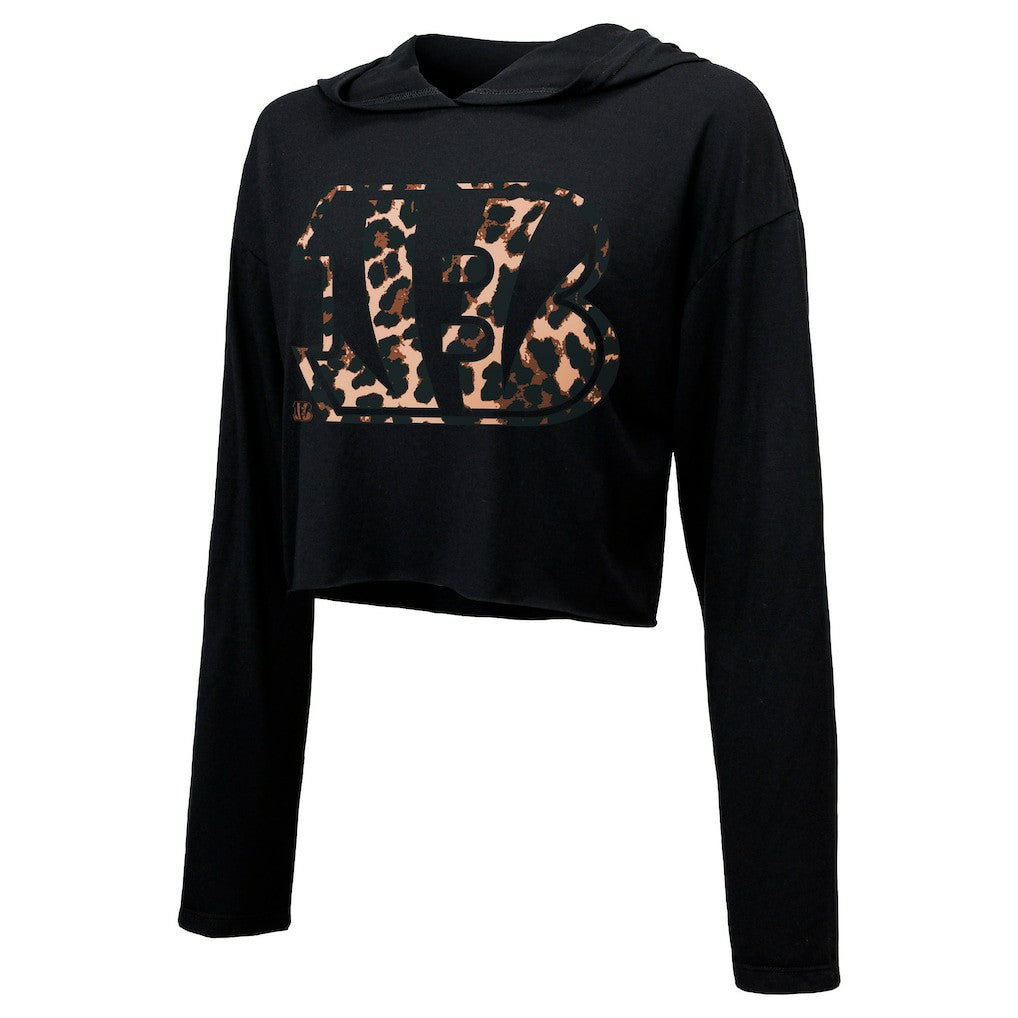 Cincinnati Bengals  Joe Burrow  Majestic Threads Women's Leopard Player Name & Number Long Sleeve Cropped Hoodie