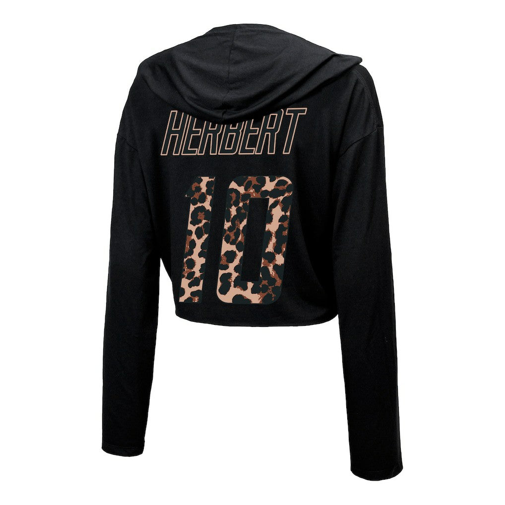 Los Angeles Chargers  Justin Herbert  Majestic Threads Women's Leopard Player Name & Number Long Sleeve Cropped Hoodie