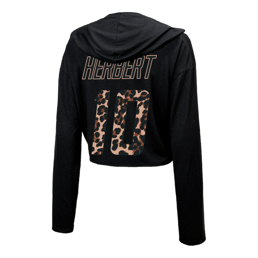 Los Angeles Chargers  Justin Herbert  Majestic Threads Women's Leopard Player Name & Number Long Sleeve Cropped Hoodie