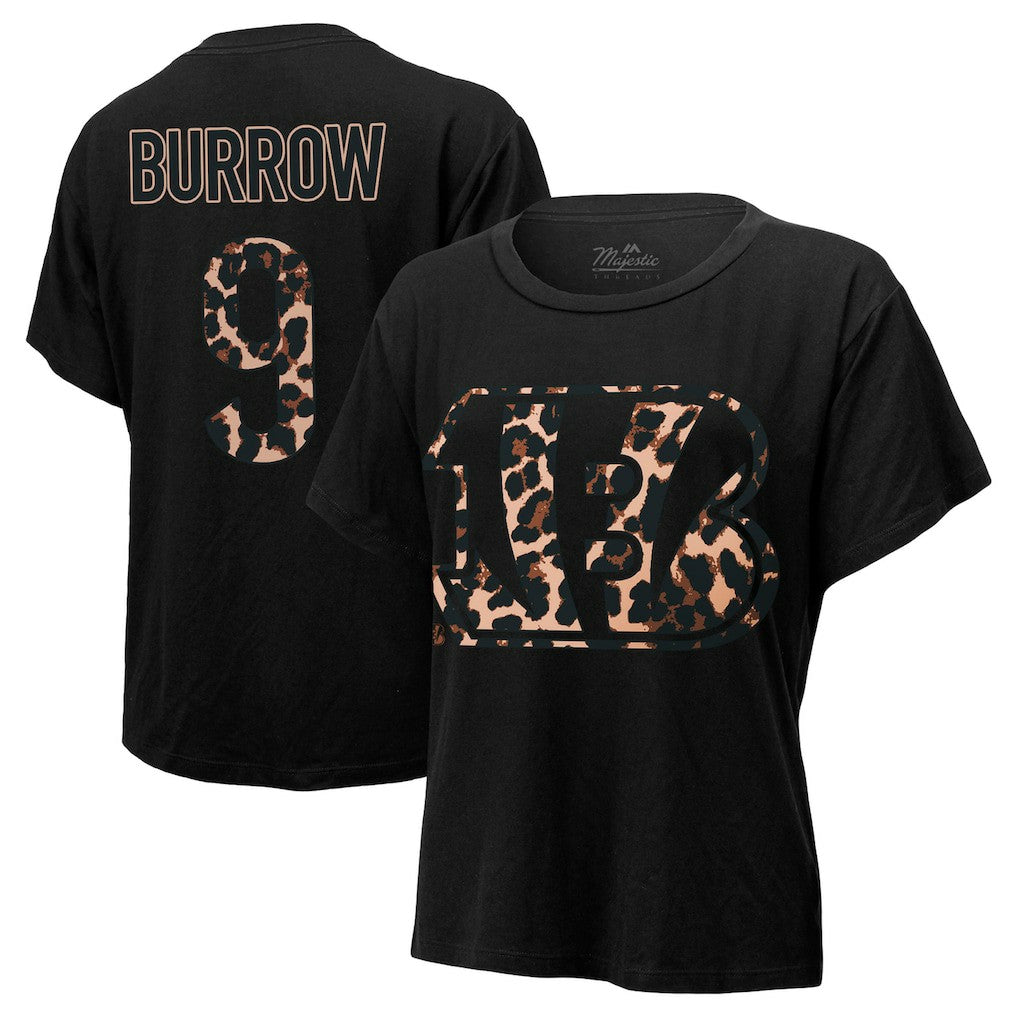 Cincinnati Bengals  Joe Burrow  Majestic Threads Women's Leopard Player Name & Number T-Shirt