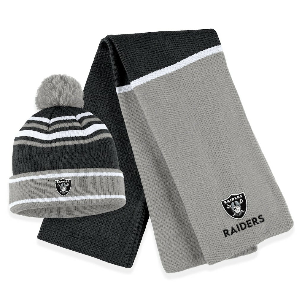 Las Vegas Raiders  WEAR by Erin Andrews Women's Colorblock Cuffed Knit Hat with Pom and Scarf Set