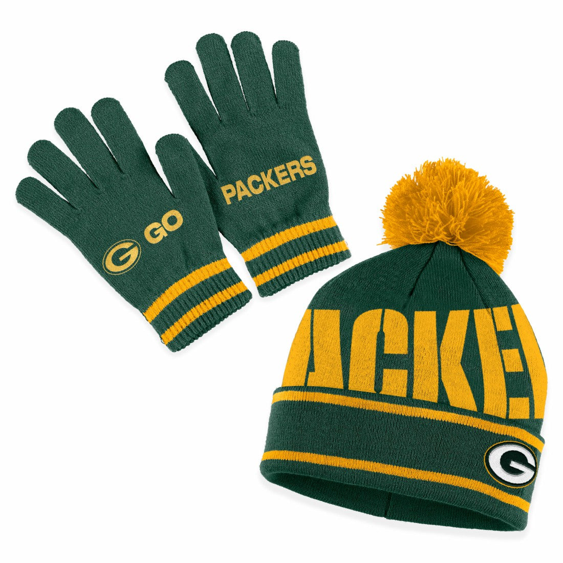 Green Bay Packers  WEAR by Erin Andrews Women's Double Jacquard Cuffed Knit Hat with Pom and Gloves Set