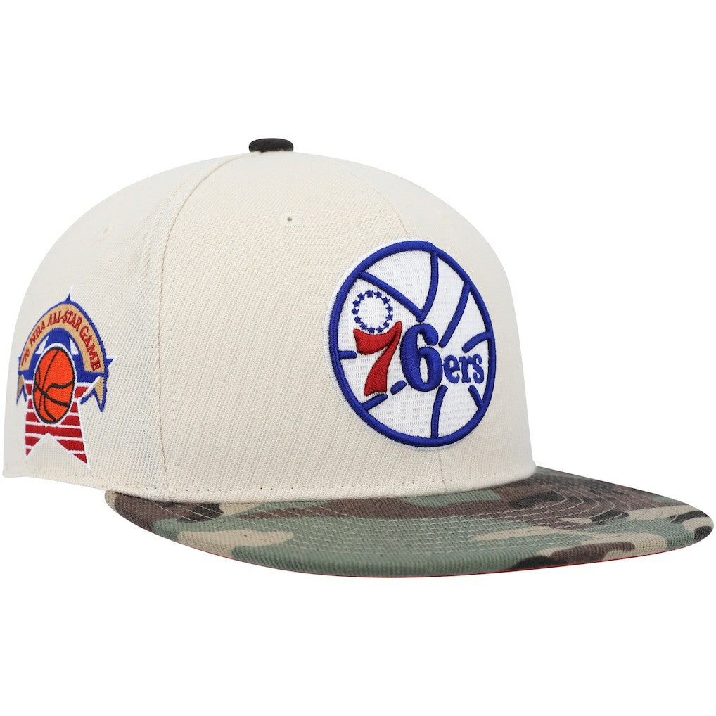 Philadelphia 76ers Hardwood Classics 1976 NBA All-Star Game Off White Camo Fitted Hat On Sale