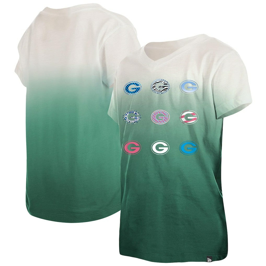 Green Bay Packers New Era Youth Multi Logo Ombre V-Neck T-Shirt