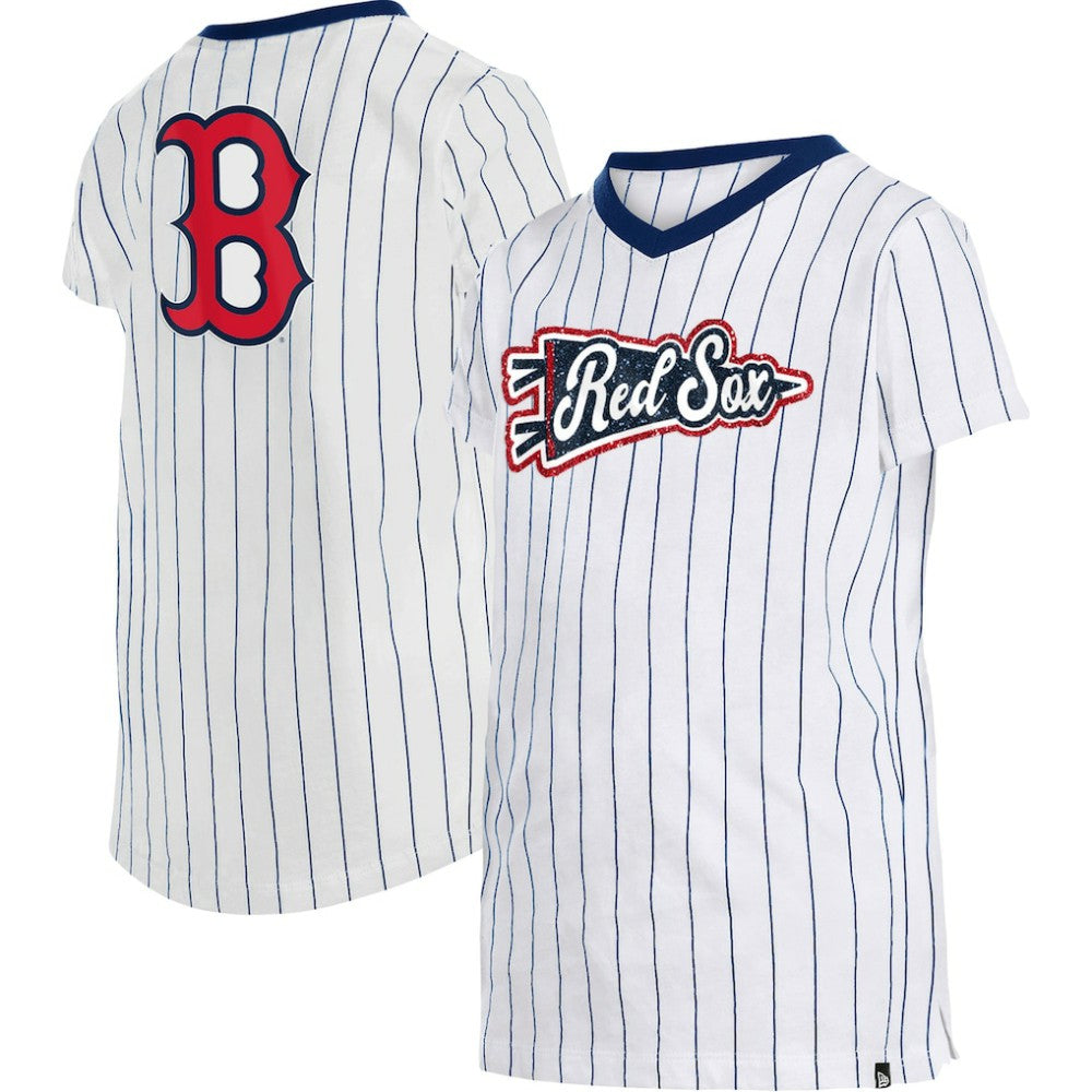 Boston Red Sox New Era Girls Youth Pinstripe V-Neck T-Shirt | MLB Outlet