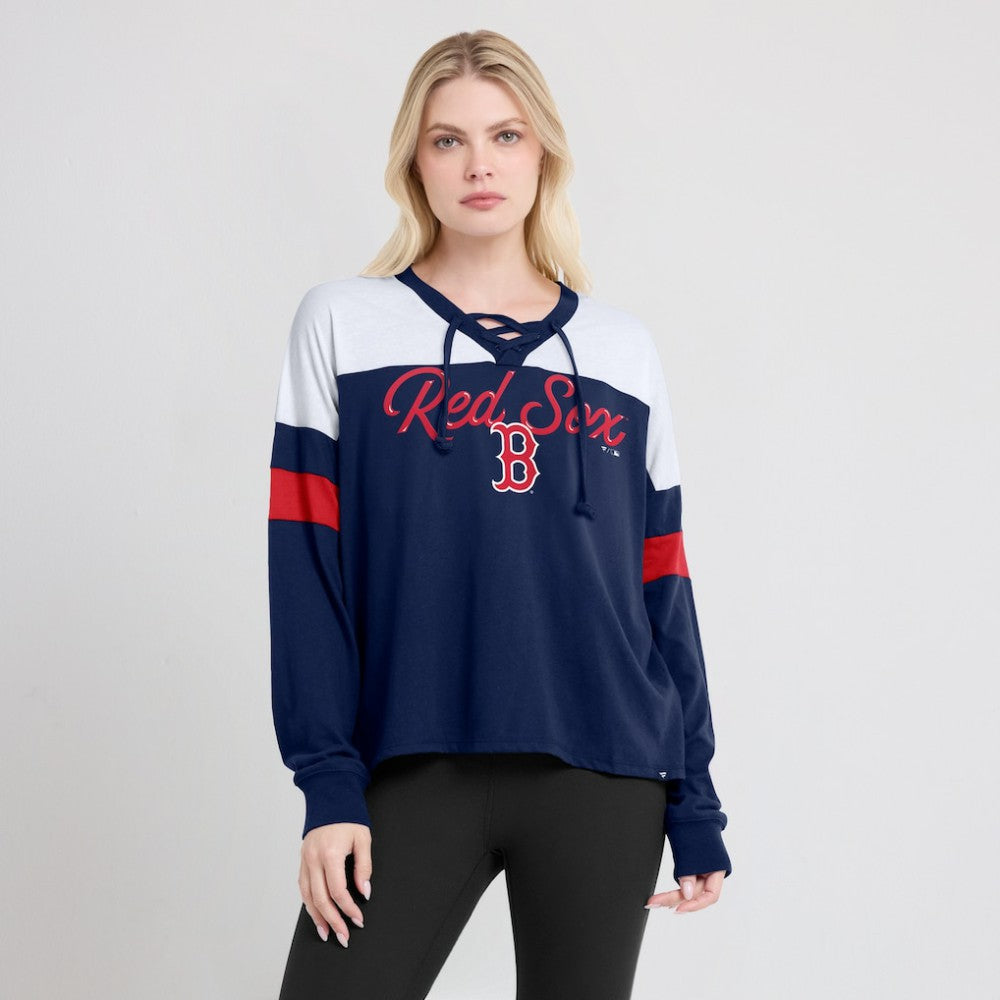 Boston Red Sox Fanatics Women's Even Match Lace-Up Long Sleeve V-Neck T-Shirt | MLB US