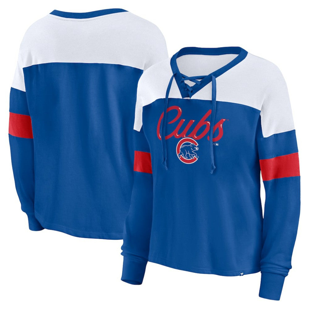 Chicago Cubs Fanatics Women's Even Match Lace-Up Long Sleeve V-Neck T-Shirt | MLB Near me