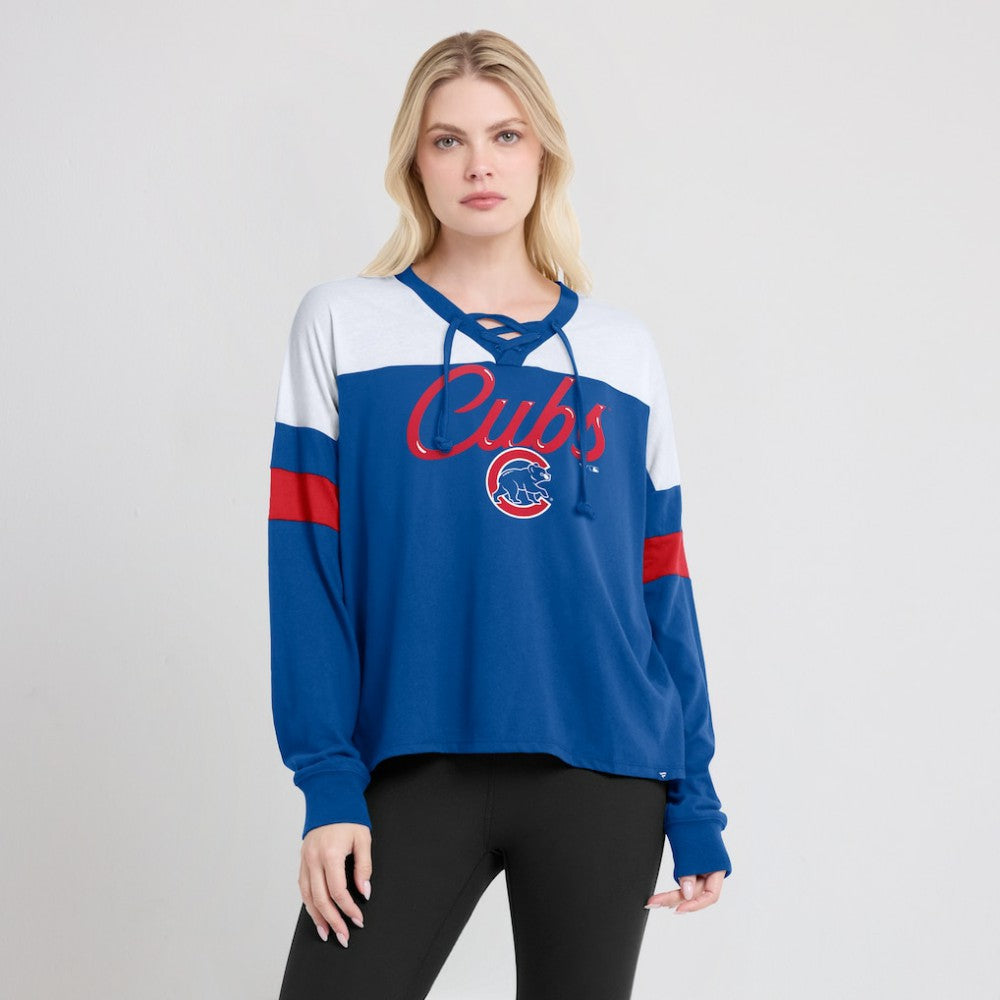Chicago Cubs Fanatics Women's Even Match Lace-Up Long Sleeve V-Neck T-Shirt | MLB Near me
