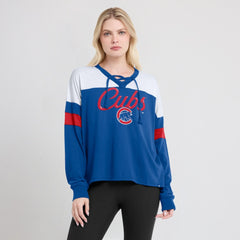 Chicago Cubs Fanatics Women's Even Match Lace-Up Long Sleeve V-Neck T-Shirt | MLB Near me