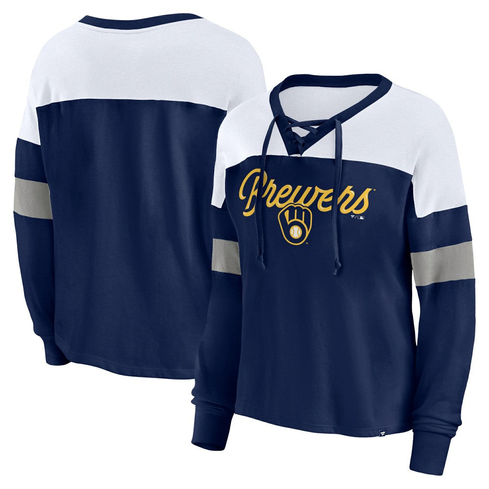 Milwaukee Brewers Fanatics Women's Even Match Lace-Up Long Sleeve V-Neck T-Shirt | MLB Outlet