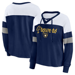 Milwaukee Brewers Fanatics Women's Even Match Lace-Up Long Sleeve V-Neck T-Shirt | MLB Outlet