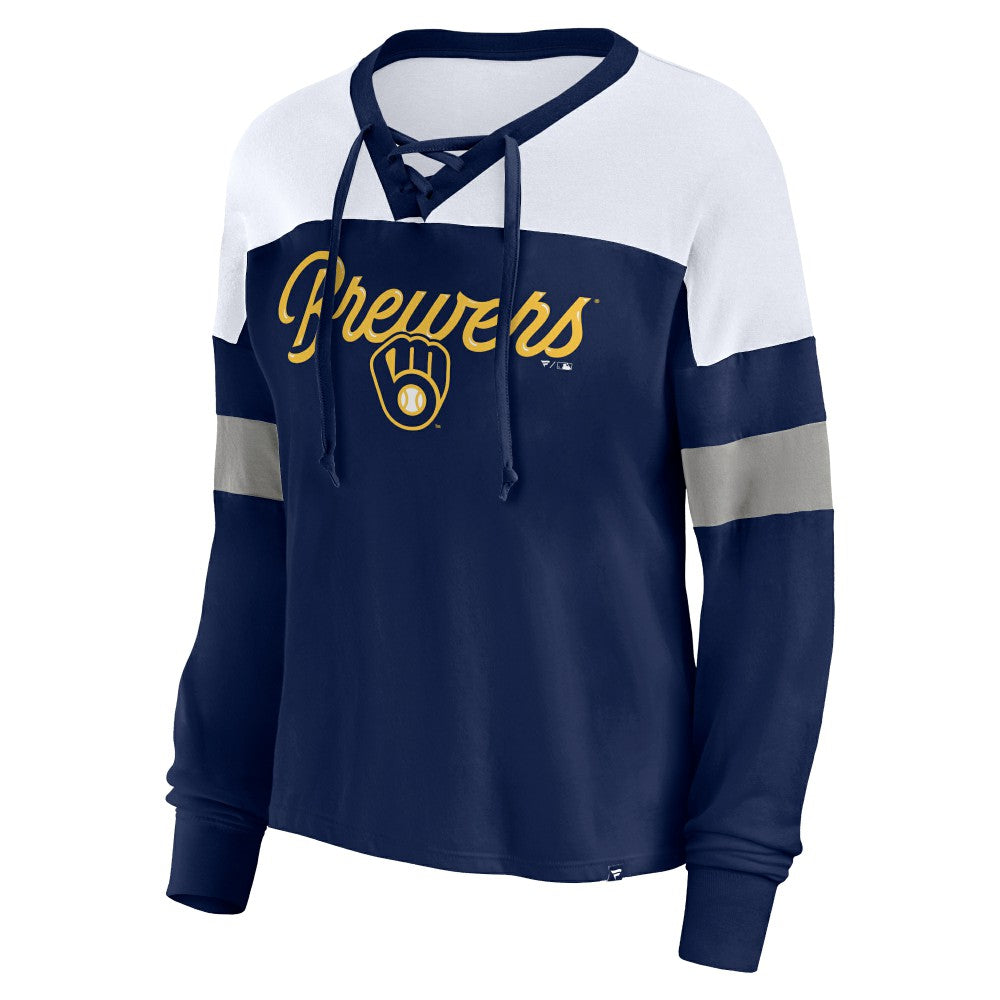 Milwaukee Brewers Fanatics Women's Even Match Lace-Up Long Sleeve V-Neck T-Shirt | MLB Outlet