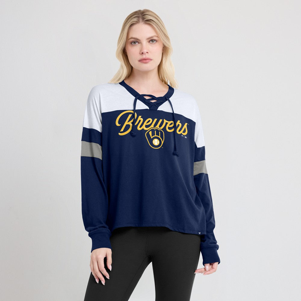 Milwaukee Brewers Fanatics Women's Even Match Lace-Up Long Sleeve V-Neck T-Shirt | MLB Outlet