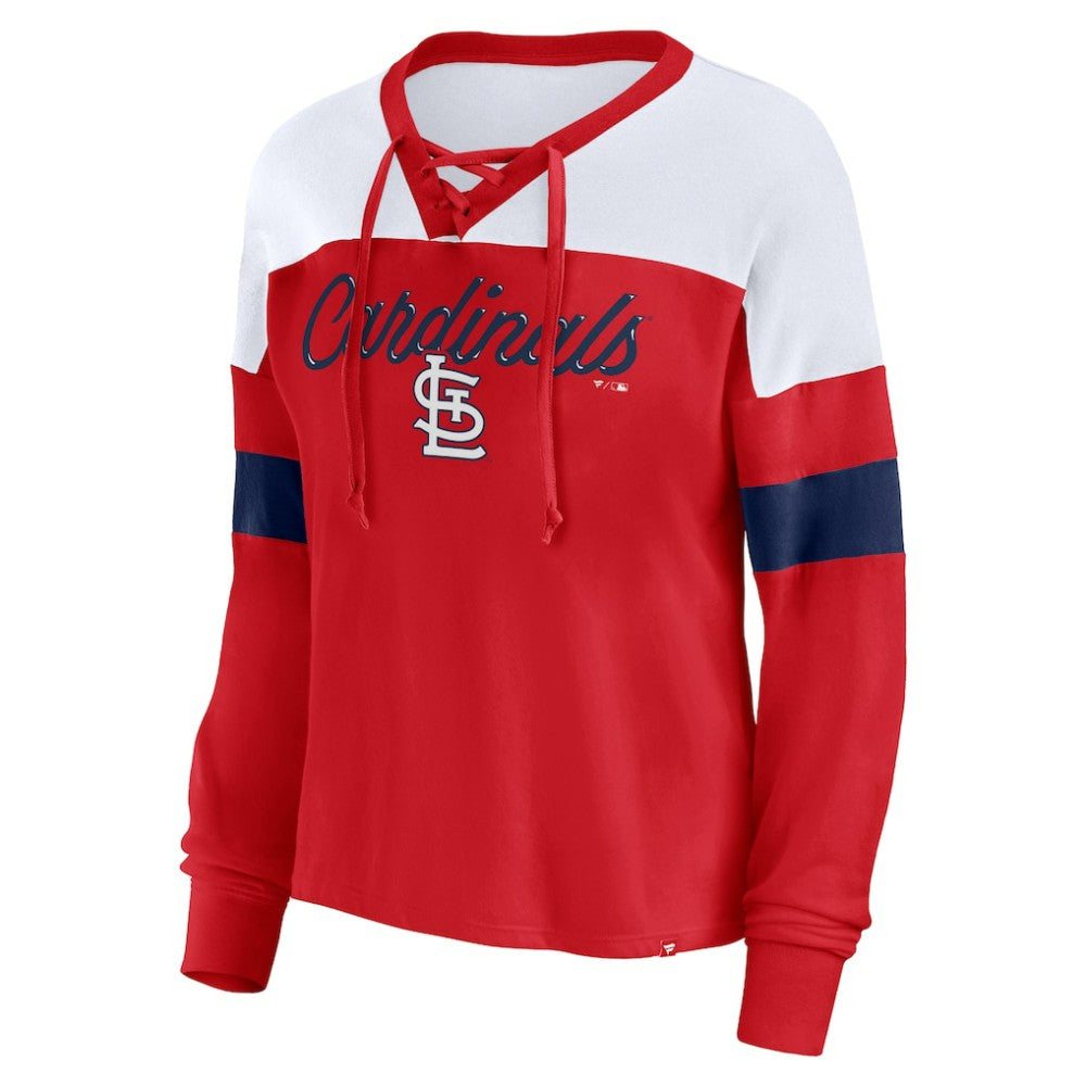 St. Louis Cardinals Fanatics Women's Even Match Lace-Up Long Sleeve V-Neck T-Shirt | MLB On Sale