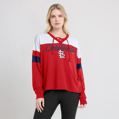 St. Louis Cardinals Fanatics Women's Even Match Lace-Up Long Sleeve V-Neck T-Shirt | MLB On Sale