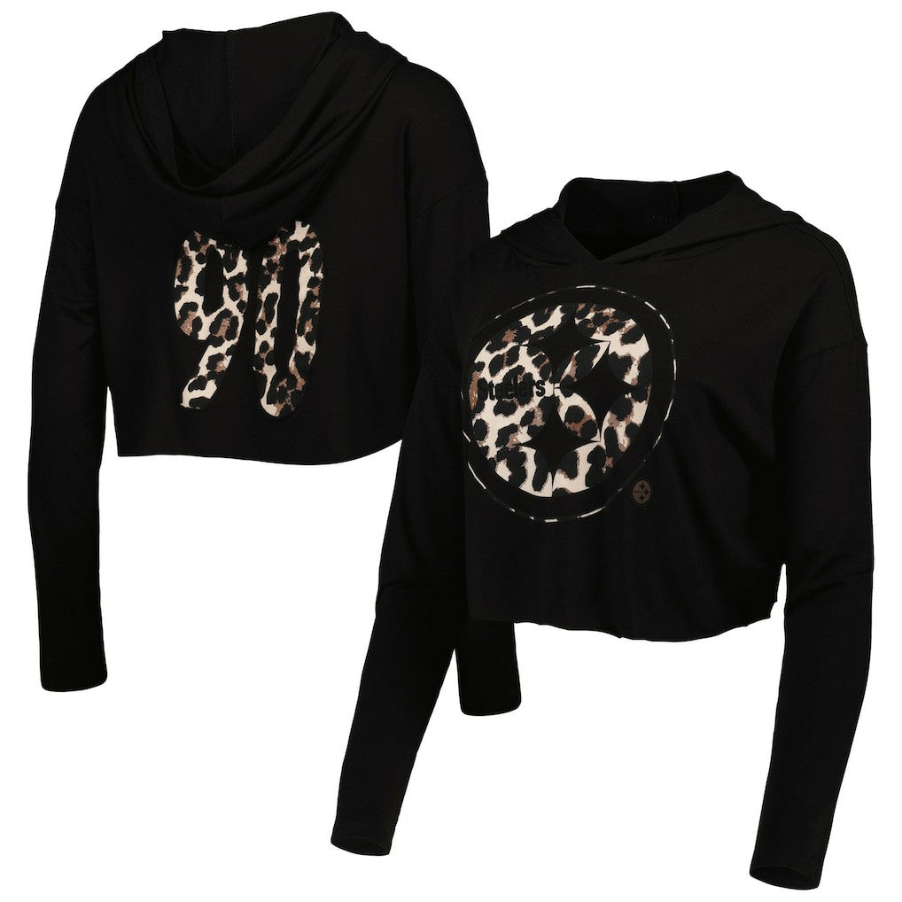 Pittsburgh Steelers  T.J. Watt  Majestic Threads Women's Leopard Player Name & Number Long Sleeve Cropped Hoodie