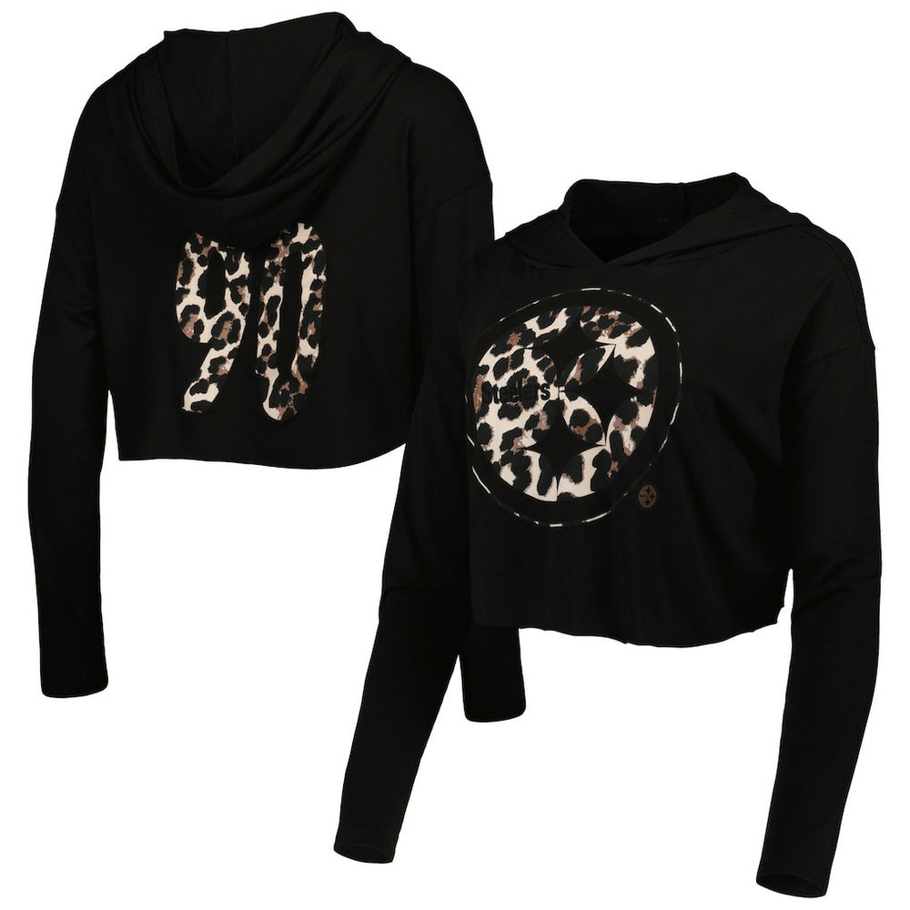 Pittsburgh Steelers  T.J. Watt  Majestic Threads Women's Leopard Player Name & Number Long Sleeve Cropped Hoodie
