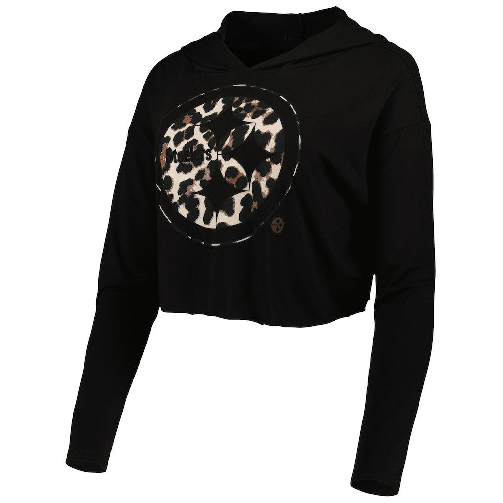 Pittsburgh Steelers  T.J. Watt  Majestic Threads Women's Leopard Player Name & Number Long Sleeve Cropped Hoodie