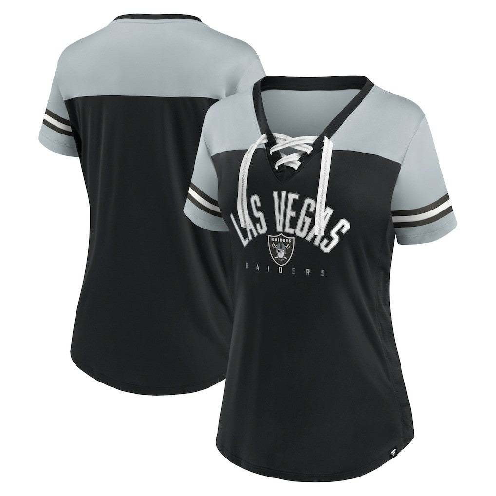 Las Vegas Raiders Fanatics Women's Blitz & Glam Lace-Up V-Neck Jersey T-Shirt