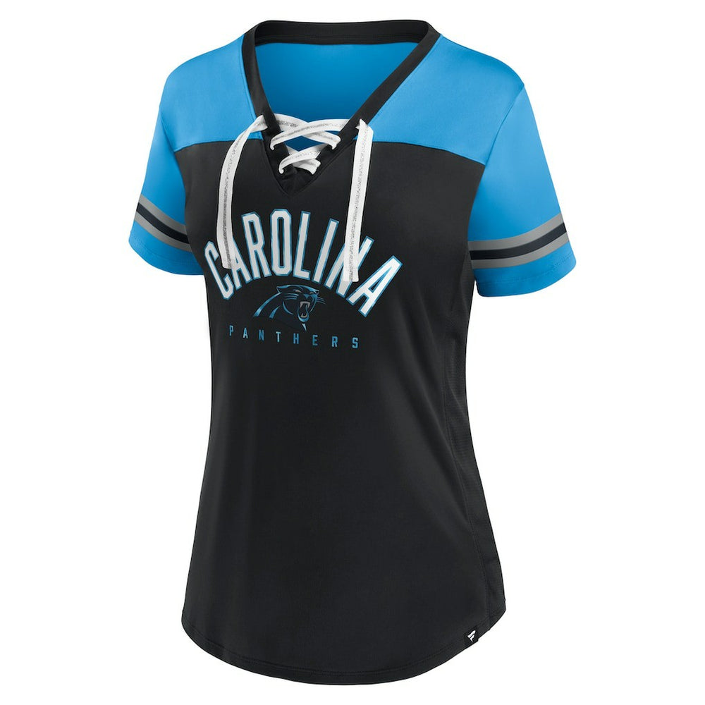 Carolina Panthers Fanatics Women's Blitz & Glam Lace-Up V-Neck Jersey T-Shirt