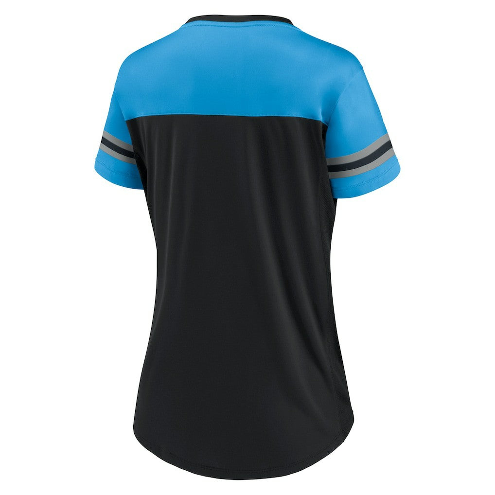 Carolina Panthers Fanatics Women's Blitz & Glam Lace-Up V-Neck Jersey T-Shirt