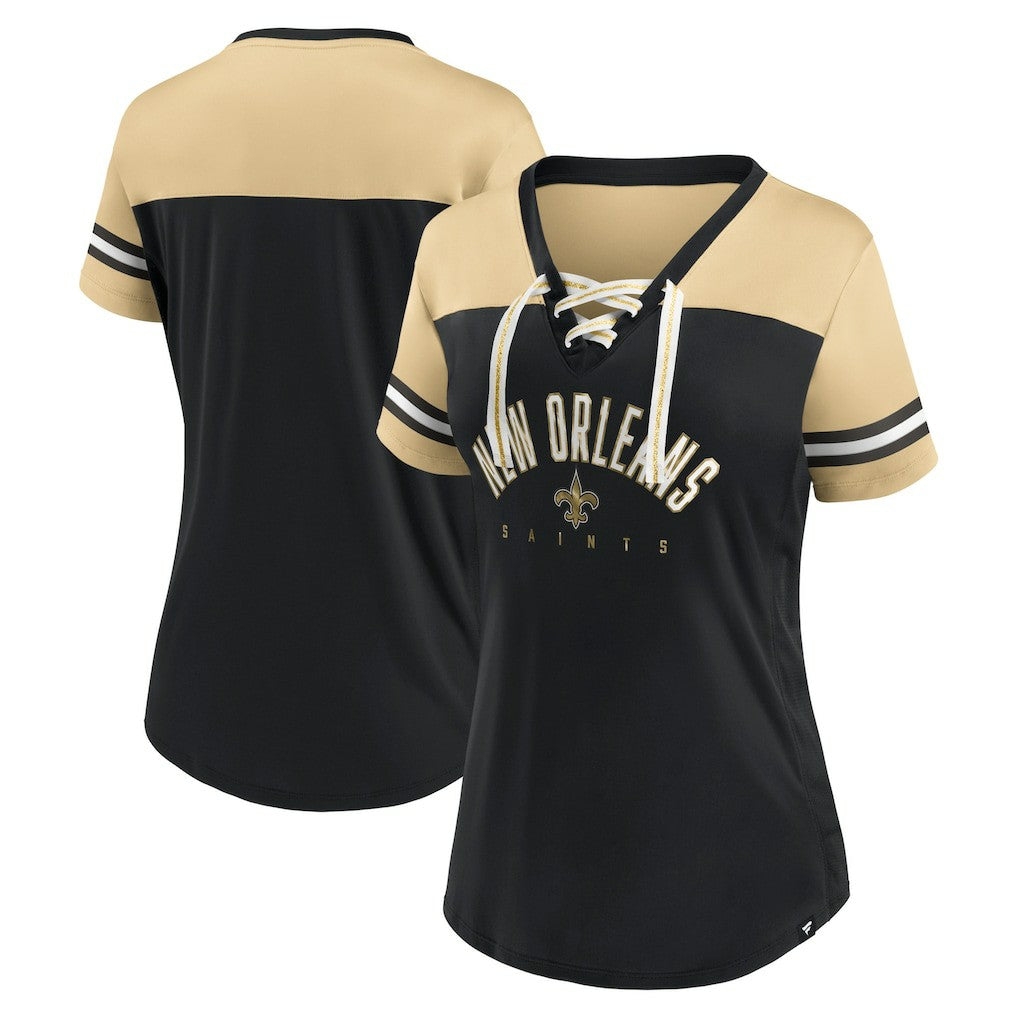 New Orleans Saints Fanatics Women's Blitz & Glam Lace-Up V-Neck Jersey T-Shirt